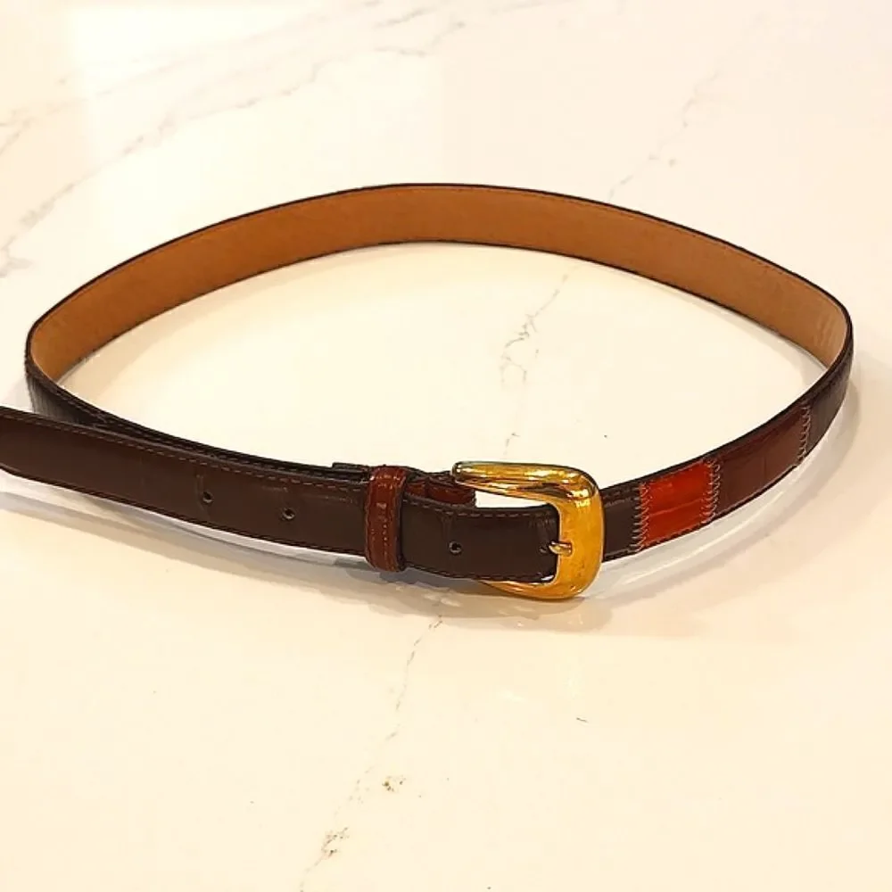 Leather Patchwork Reptile and Croc Embossed Belt Goldtone Buckle Size M Vintage